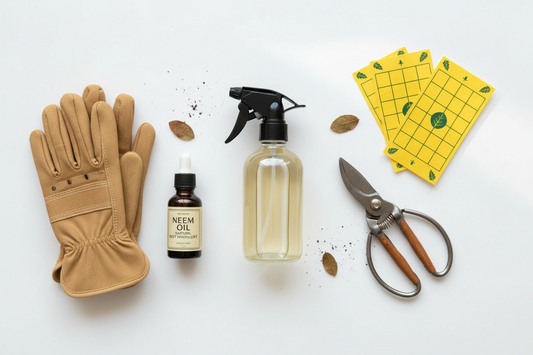 Essential garden pest control tools flat lay