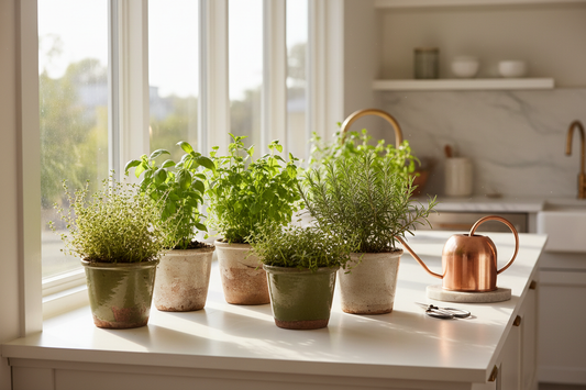 Herb garden on a bright kitchen windowsill with pots of basil, mint, rosemary and thyme