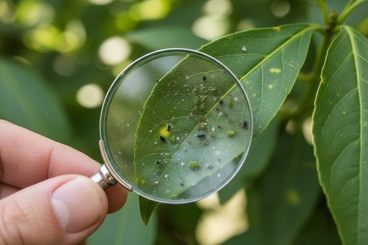 Close-up of plant pests on leaves with magnifying glass
