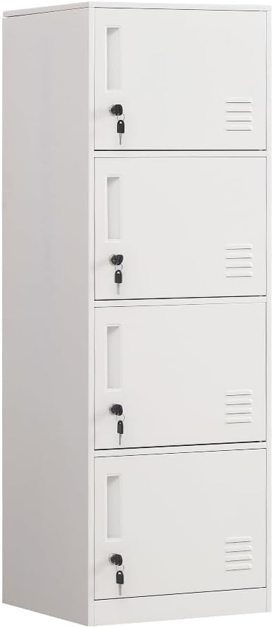 4 Door Metal Storage Locker Cabinet for Office, Home, Gym, School, Steel Cabinet to Storage File, Toys, Shoes and Sports Equipment, Locker Organizer for Gym Office Bedroom (4 Door, White)