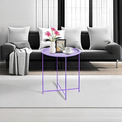 Garden 4 you End Table Metal Side Table Purple Round Folding Tray Cyan Sofa Small Accent Fold-able Table, Round End Table Tray, Next to Sofa Table, Snack Table for Living Room and Bed Room