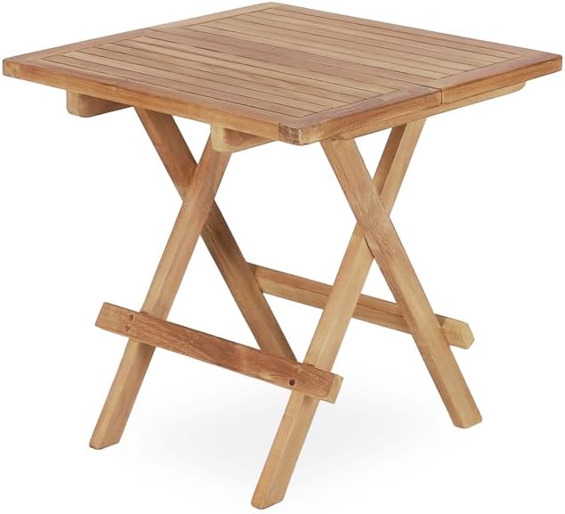 Teak Wood Patio Side Table, Square Folding Outdoor Side Table Waterproof, Sturdy Portable Bistro Table for Camping Deck Poolside