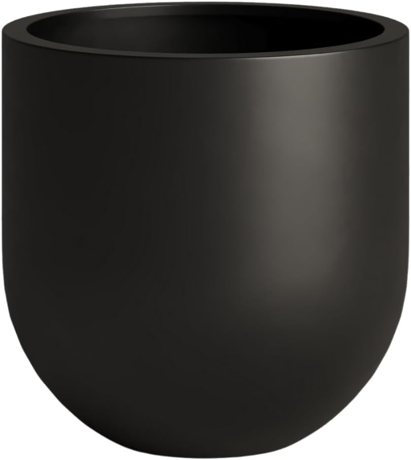 DTY Signature Mount Antero Lightweight and Durable Modern Fiberstone Bullet Shaped Planter Indoor & Outdoor Drainage Hole & Rubber Plug Weather Resistant, 12" H x 12" Dia, 10.2" Opening - Small, Black