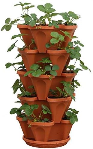 5-Tier Strawberry and Herb Garden Planters 5@13x13x5.2 inch - 24 quart Stackable Gardening Pots with 10 Inch Saucer (Terra-Cotta)