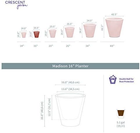 Crescent Garden Madison Planter– Weather-Resistant, Double Walled Indoor/Outdoor Plant Pot with Drain Hole – Durable All-Season Flower Container, 16" W (Bark)