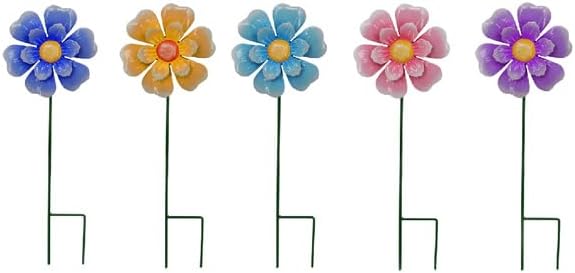 Metal Flower Wind Spinner Garden Lawn Stakes Yard Art, 27 Inch Windmill Outdoor Garden Iron Handicraft Lawn Ornament, Outside Front Metal Yard Art Decor, 5 pieces Outdoor Front Porch Patio Decorations