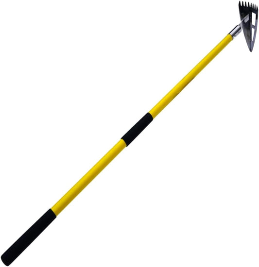 Spear Head Hoe Garden Tool - Long Handle Hoe with 59" Fiberglass Handle, 2 Cushioned Grips, & Stainless Steel Blade with Sharpened Edges & Rake - Multipurpose Garden Hoe for Weeding & More (Yellow)