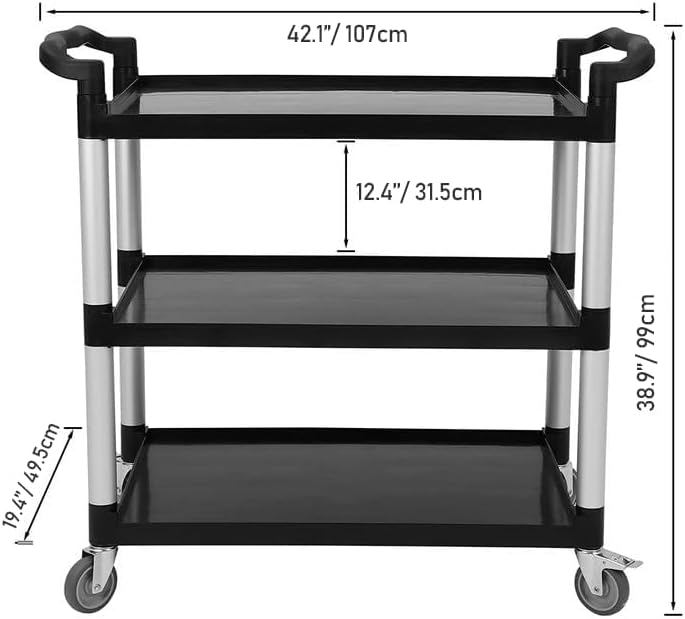 3-Shelf Heavy Duty Rolling Utility Cart 360 Lbs Capacity – 42" Wx20 Dx39 H Black Cart with Lockable 360° Swivel Wheels | Easy Maneuverability for Restaurant, Foodservice & Cleaning