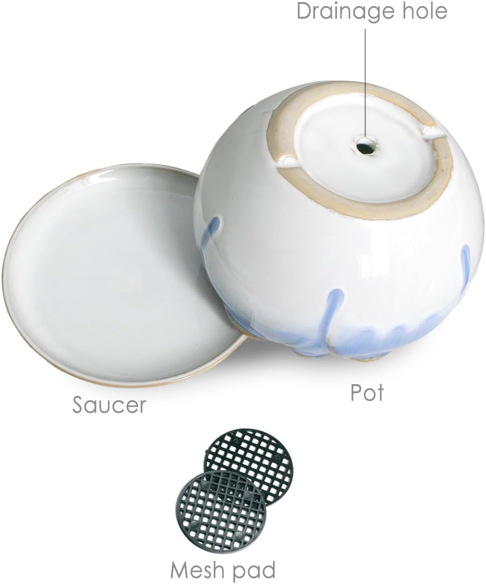 Dahlia 5.5'' Inch Rustic Drip Glazed Ceramic Planter/Succulent Pot/Plant Pot w. Saucer/Tray, White