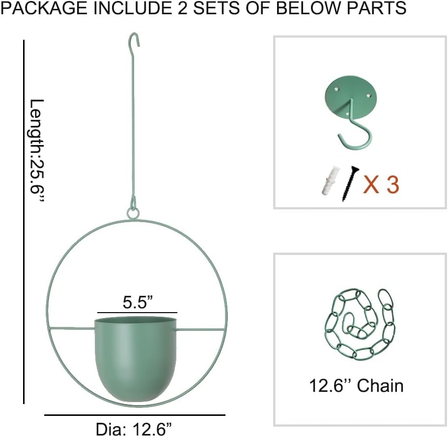 Hanging Planters 2 Pack Boho Mid Century Hanging Plants Hangers Metal Wall Ceiling Flower Pot Indoor Outdoor Vine Holder Room and Window Decor(Green)