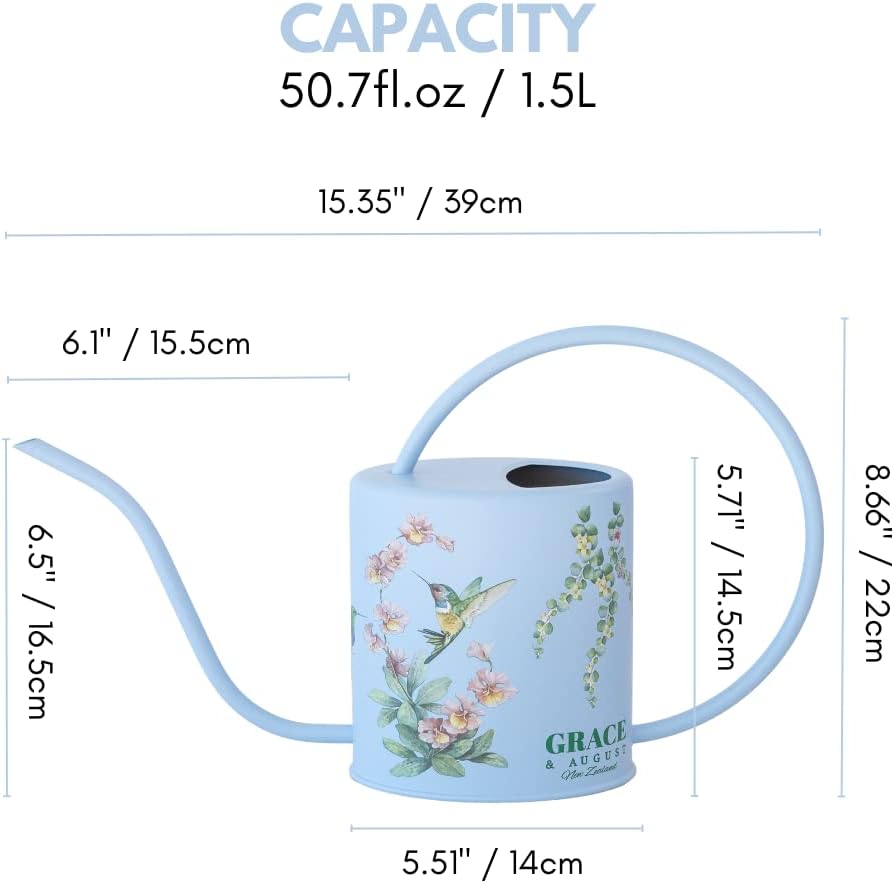 Watering Can for Indoor Plants - House Plant Watering can - Colorful, Decorative Indoor Water can for Plants - Metal Indoor Watering can with Long Spout - 1.5L 51floz 0.4 Gallon(Hummingbird Blue)