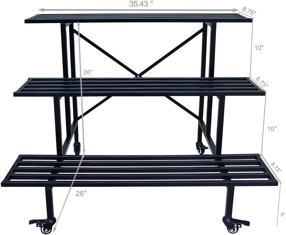 Zhongma 3 Tier Sturdy Metal Plant Stand with Wheels, L35.43 x W26 x H26 inch, Heavy Duty Plant Holder for Home Indoor and Outdoor, 660 LBS Capacity & Heavy Duty Construction