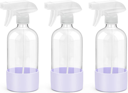 Glass Spray Bottles with Silicone Sleeve Protection, Empty 16 oz Refillable Containers, Reusable Spray Bottles with Adjustable Nozzle for Hair, Cleaning Solutions, 3 Pack Purple