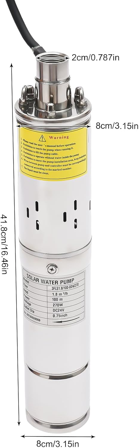 Solar Water Pump, 24V 270W 3In DC Submersible Pump Stainless Steel Deep Well Pump Irrigation Kits with MTTP Controller Float Switch for Home Industry, Garden Irrigation, Farm Ponds (24V 270W)