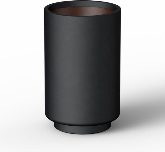 Kante 15.7 Inch Tall Concrete Planter, Round Pedestal Design Garden Pot for Indoor Outdoor Plants, Modern Garden Pot with Drainage Hole, Black Finish with Warm Brown Interior