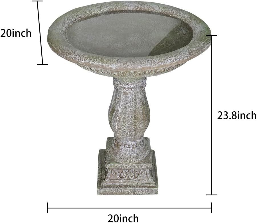 SunJet 23.8” H x 20” Dia Outdoor Birdbath with Exquisite Carvings Pedestal - Fibre Reinforced Concrete Birdbaths, Neoclassical Style Design for Garden Decor & Bird Attraction