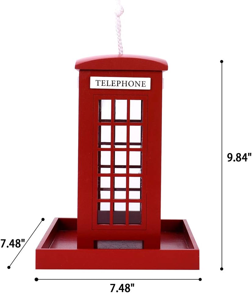 Decorative Wooden Birdhouse for Outdoor Hanging – Handcrafted Miniature Cottage Style with Blue Roof, Front Porch, and Balcony – Garden or Backyard Décor for Wild Birds (British Phonebooth)