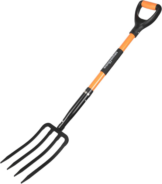Garden Fork with Ergonomic Handle, Fiberglass Handle，4-Tine Pitchforks for Gardening Digging Composting Spading.
