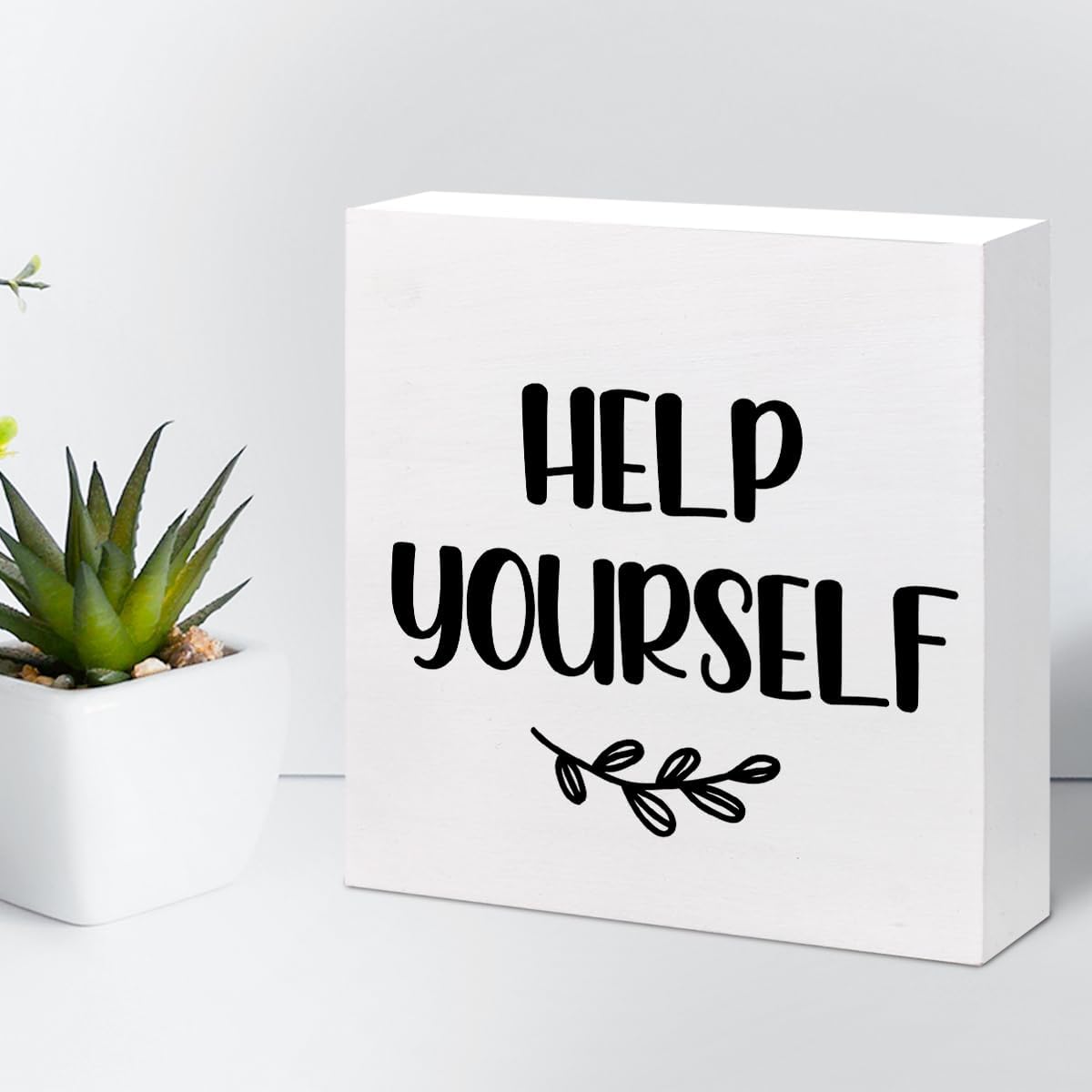 Help Yourself White Wood Block Sign Desk Decor,Rustic Wooden Box Plaque Sign for Home Bedroom Farmhouse Shelf Table Decor