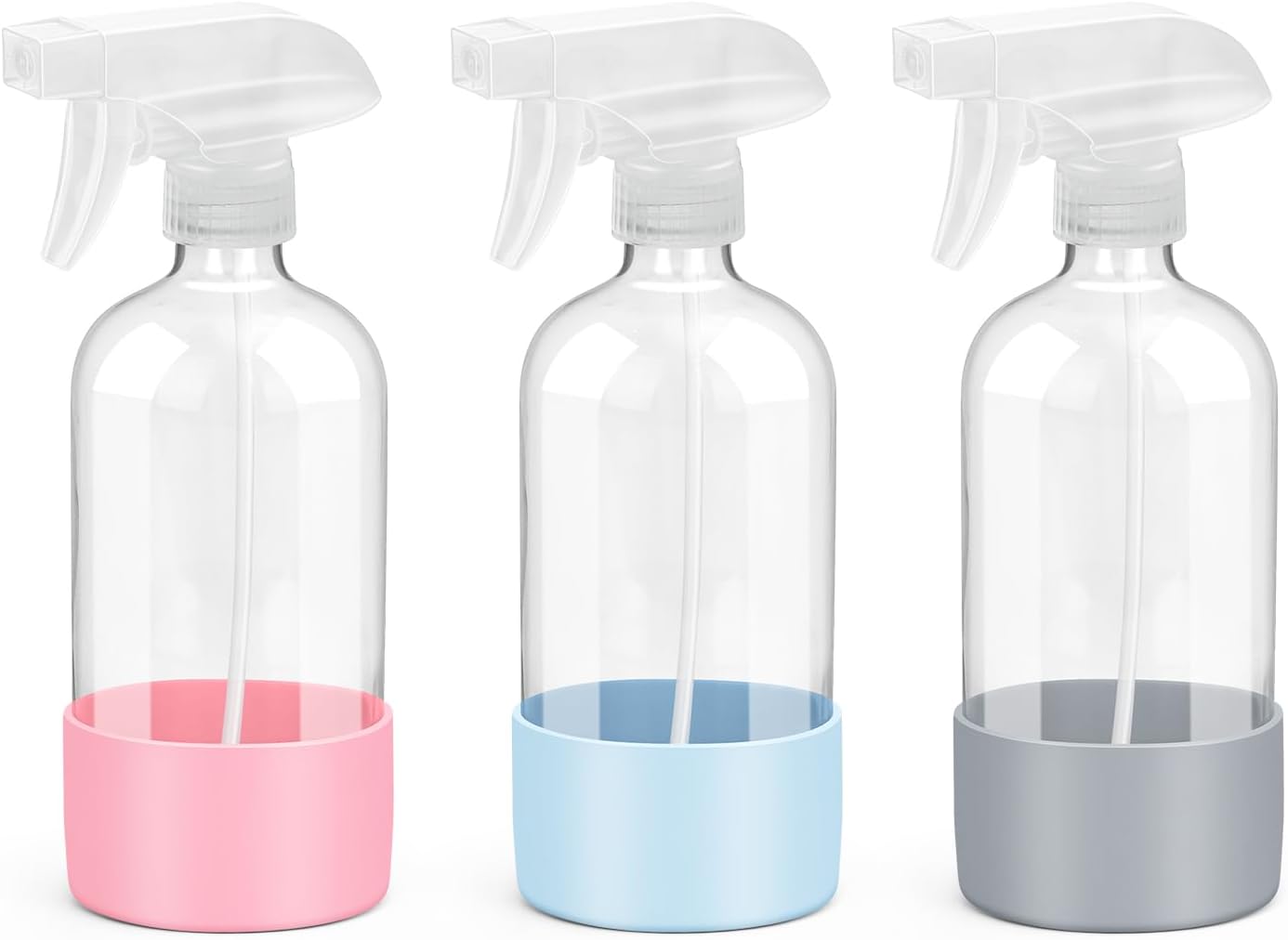 Glass Spray Bottles with Silicone Sleeve Protection, Empty 16 oz Refillable Containers, Reusable Spray Bottles with Adjustable Nozzle for Hair, Cleaning Solutions, 3 Pack Grey&Blue&Pink