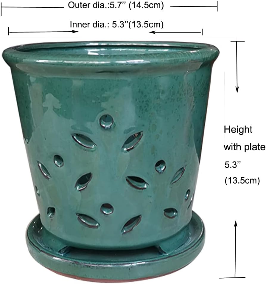 Forest Green Ceramic Orchid Pot with Holes & Saucer - 6" Round Contemporary Home Decoration