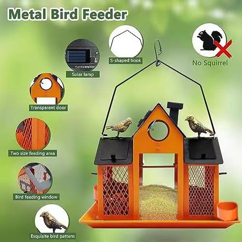 Solar Bird Feeders House for Outside Hanging, Metal Wild Bird Feeder for Outdoors, Large Cardinal Bird Feeder Birdhouses Orange