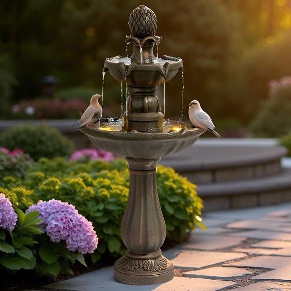 3 Tiered Outdoor Water Fountains –42.2 in. Tall, Like Stone Bird Bath for Outside, Elegant Waterfall Feature for Garden, Yard, Patio, Home Decor (Bronze Color)