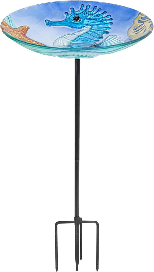 MUMTOP Bird Baths for Outdoors, Glass Birdbath Birdfeeder Bowl with Metal Stake for Outside Garden Yard Lawn Seahorse Decor