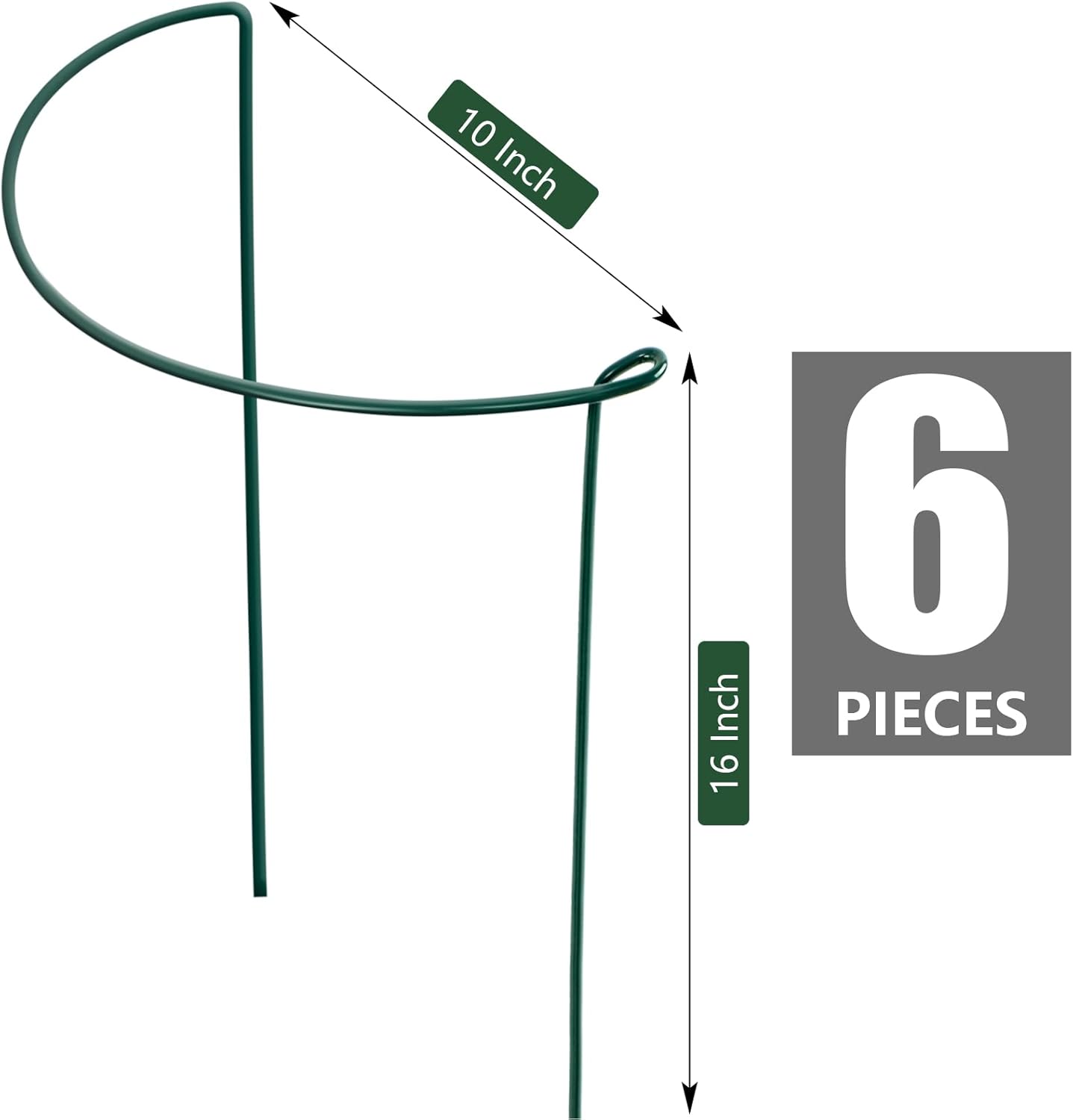 FEED GARDEN 6 Pack Plant Support Stakes, Metal Garden Plant Stake(10" Wide x 16" High) Green Half Round Plant Support Rings for Potted Plants, Plant Cage for Tomato, Hydrangea