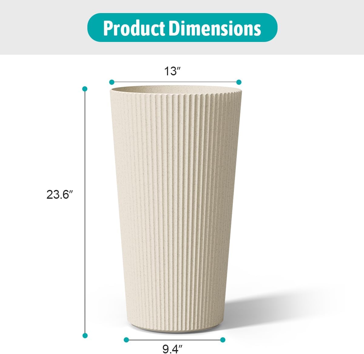 23.6" Tall Outdoor Planters, Set of 2 Large Plastic Flower Pots for Indoor & Outdoor Use, Modern Striped Decorative Garden Planters with Drainage Holes for Patio, Porch, Balcony, Beige