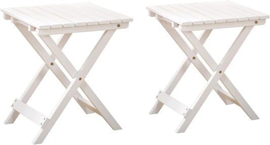 2 Pcs Small Folding Patio Side Table Outdoor Wood Wooden Small End Portable Plant Little Table for Garden Yard Porch Living Room Space Pool 15.4x15.4 x18.3 inch (White)
