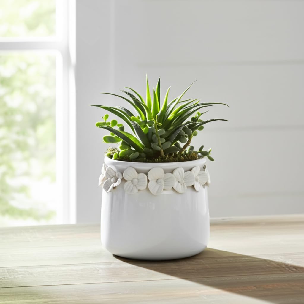 Decorative Flower Pot for Home Decor – Ceramic Indoor or Outdoor Planter with Sculpted Floral Rim for Succulents or Houseplants – Pot for Plants Perfect for Garden, Patio, or Room Decor – 5" White