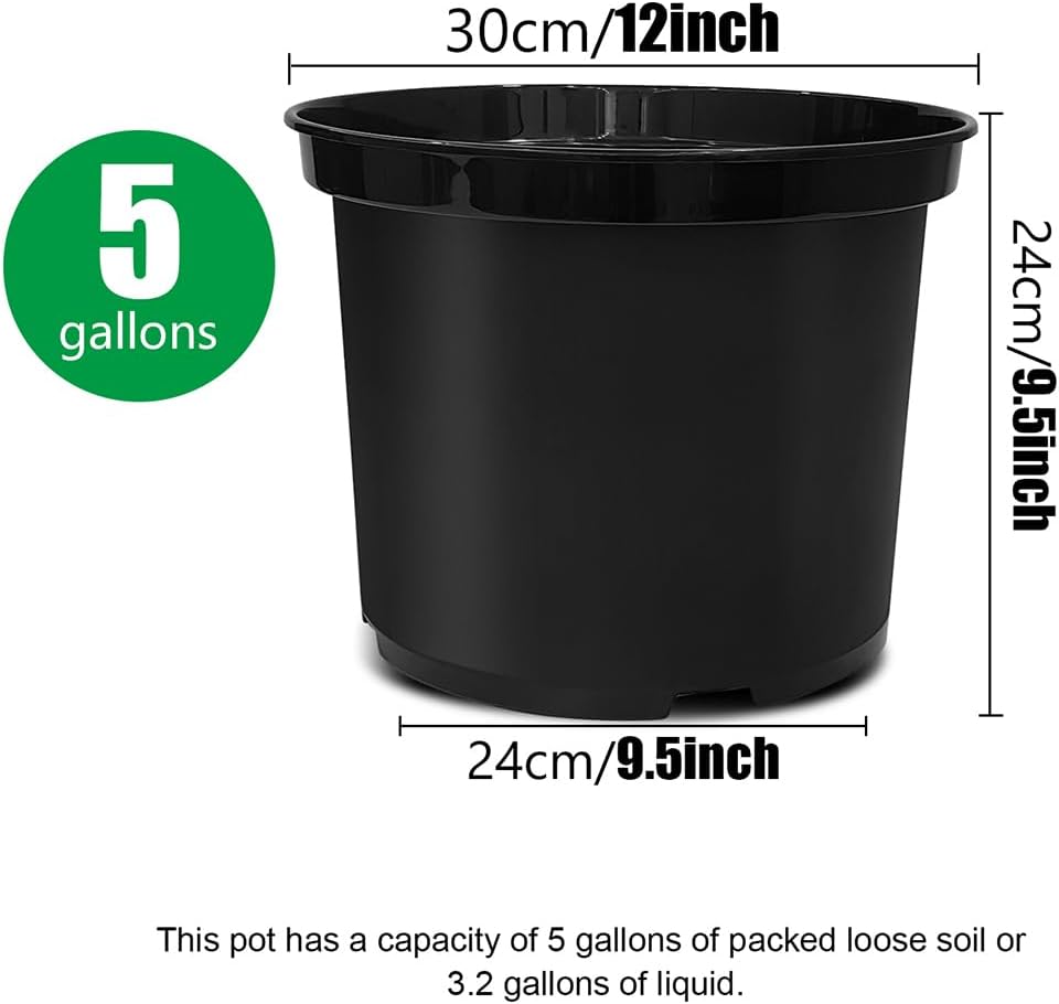 5 Gallon Nursery Pots 10-Pack, 12 Inch Plastic Planter with Drainage Holes – Round, Sturdy, Deep Design for Indoor/Outdoor Plants
