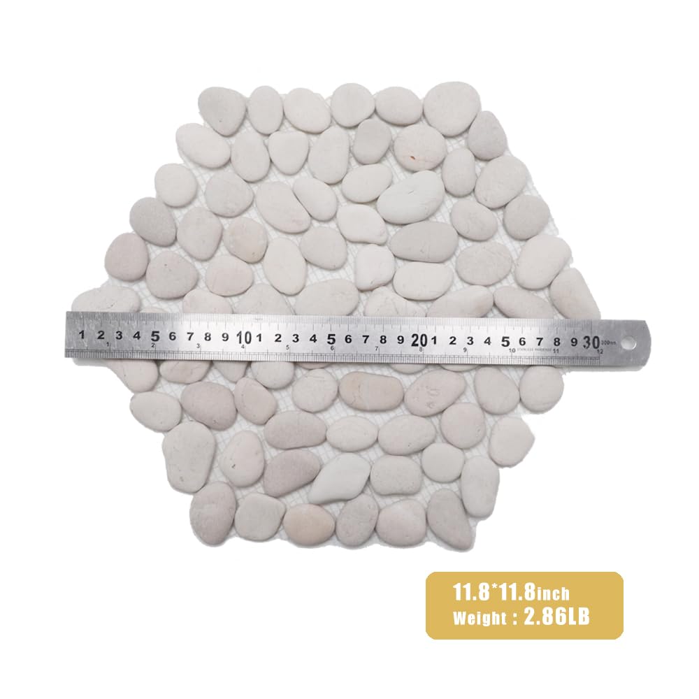 12 inch River Rock Stepping Stone - Pavers for Outdoor Garden Walkway, Landscaping - Polished Pebble Step Stones for Patio Yard Lawn Pathway, Set of 6 (Hexagon,White)