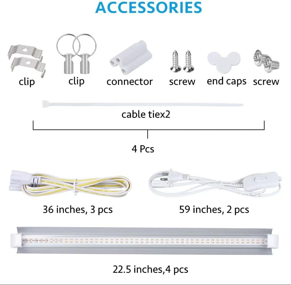 Grow Light, 2ft T8,100W(4 x 25W, 600W Equivalent), Super Bright, Full Spectrum Sunlight Plant Light, LED Grow Light Strips, Grow Lights for Indoor Plants,Greenhouse,4-Pack