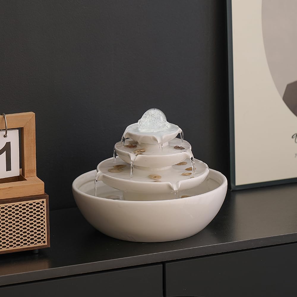 Indoor Tabletop Ceramic Fountain Water Feature Home Kitchen Office Decoration Modern Design Style (White)