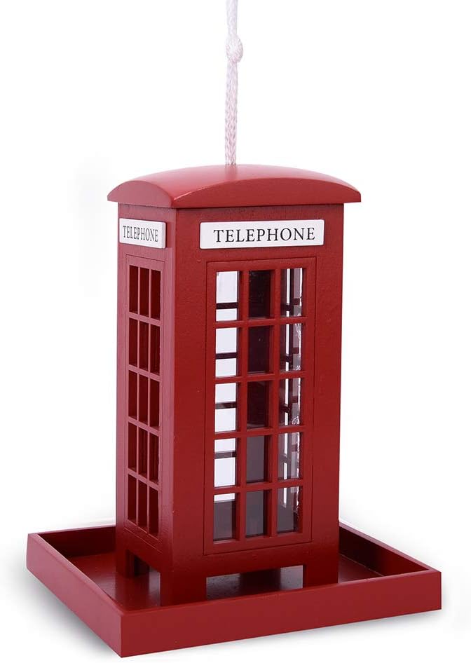 Decorative Wooden Birdhouse for Outdoor Hanging – Handcrafted Miniature Cottage Style with Blue Roof, Front Porch, and Balcony – Garden or Backyard Décor for Wild Birds (British Phonebooth)