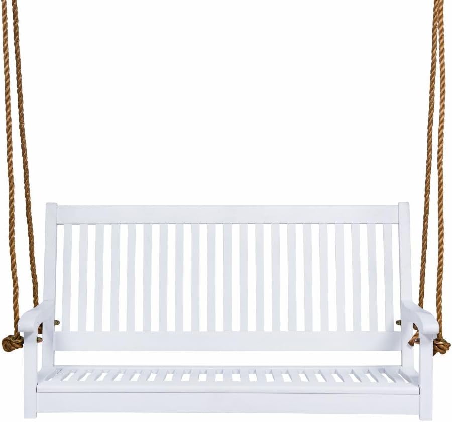 East Green Hayden 5 Foot White Porch Swing with Ropes - Outdoor Bench Swing Crafted from Naturally Weather-Resistant Acacia Wood