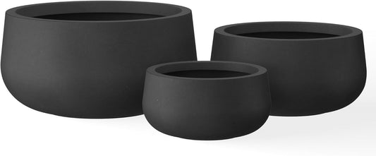 Kante 19.6",15.7",11.8" Dia Round Concrete Planters Set of 3, Outdoor Indoor Garden Plant Pots with Drainage Hole and Rubber Plug, Modern Curvaceous Design, Black