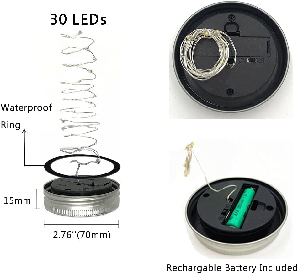 Decorman Solar Mason Jar Lights, 12 Pack 30 LED Fairy Star Firefly String Lids Lights with 12 Hangers for Patio Yard Garden Party Wedding Christmas Decoration(Jars Not Included)