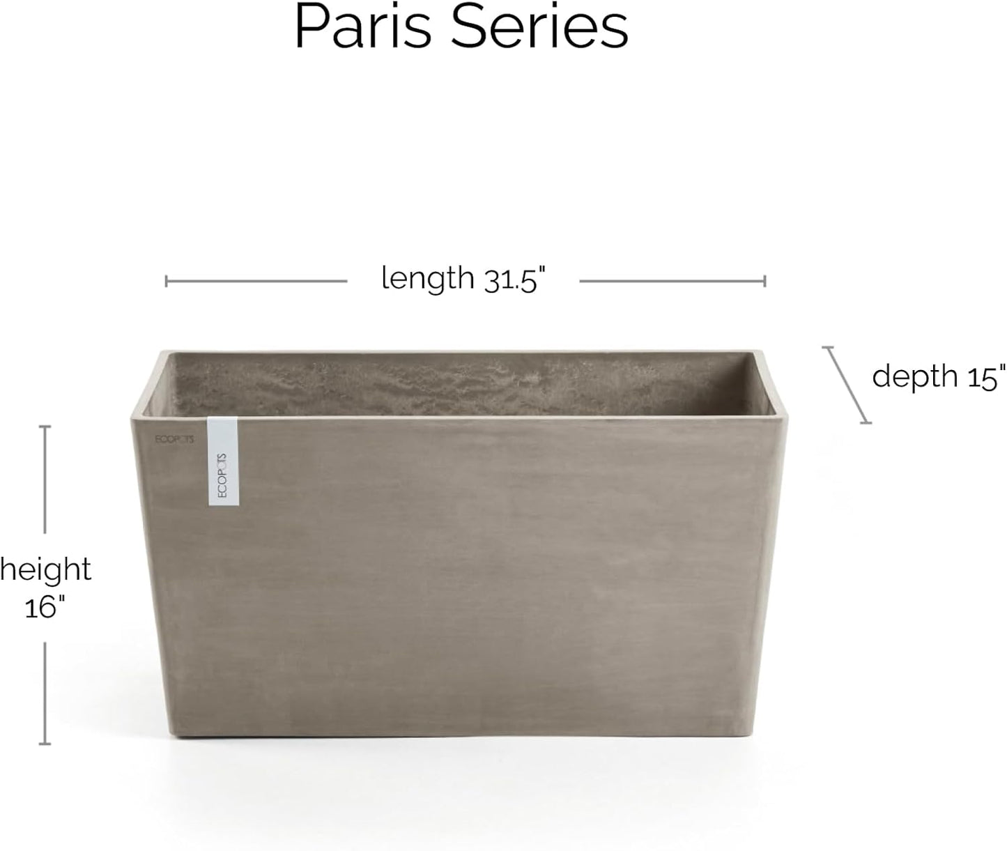 Ecopots Paris Durable Modern Rectangular Indoor/Outdoor Recycled-Based Composite Flower Planter, Taupe, 31.5"