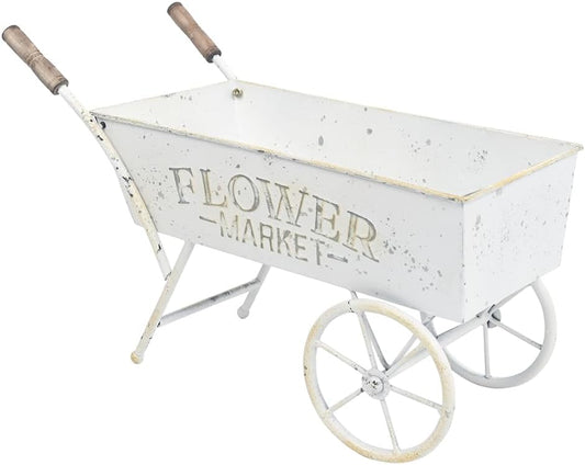 15 Inch Farmhouse Small Flower Cart with Wooden Handles Metal Wagon Planters for Outdoor Plants Decorative Wheelbarrow Plant Cart for Patio Garden Balcony Golden