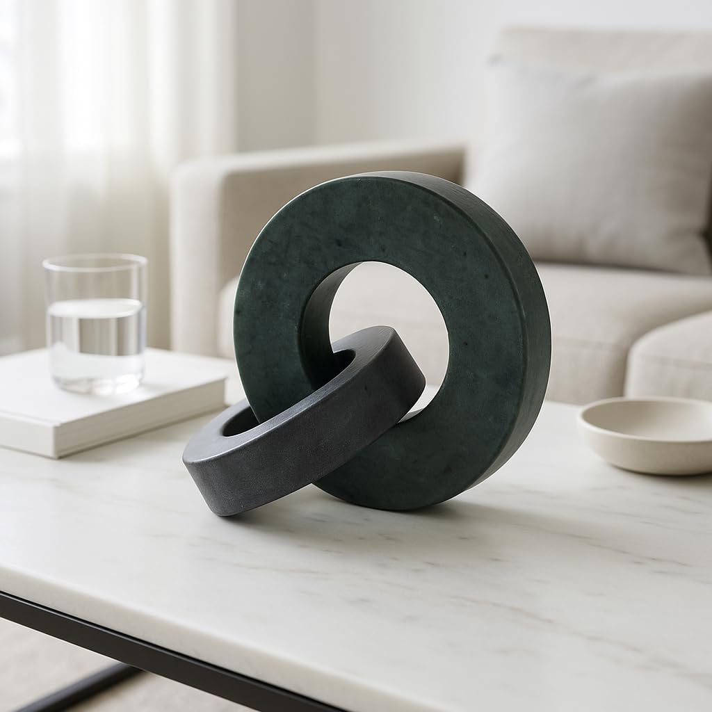Home Decor and Bathroom Decor Marble Double Ring – Modern Shelf Sculpture and Office Accents for Room Styling – Coffee Table Ornaments and Living Room Decor Statues Design – 6", Green & Black