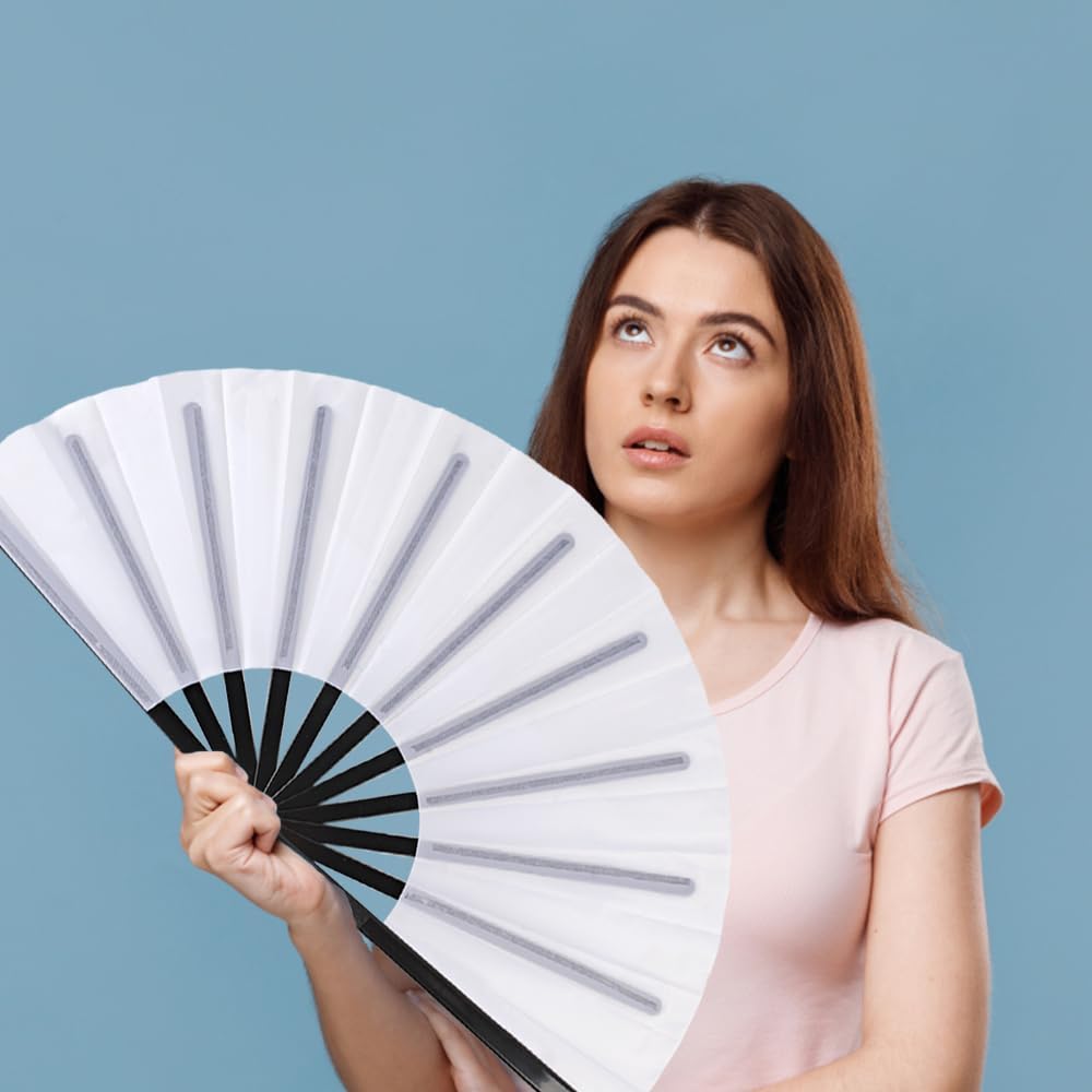 4 Pack Large Folding Hand Fan for Line Dance & Popping, Large Clap Rave Fan Chinese Kung Fu Hand Fan Decorative Folding Fans for Dance, Performance, Festival or Home Decorations(Black Pole White)