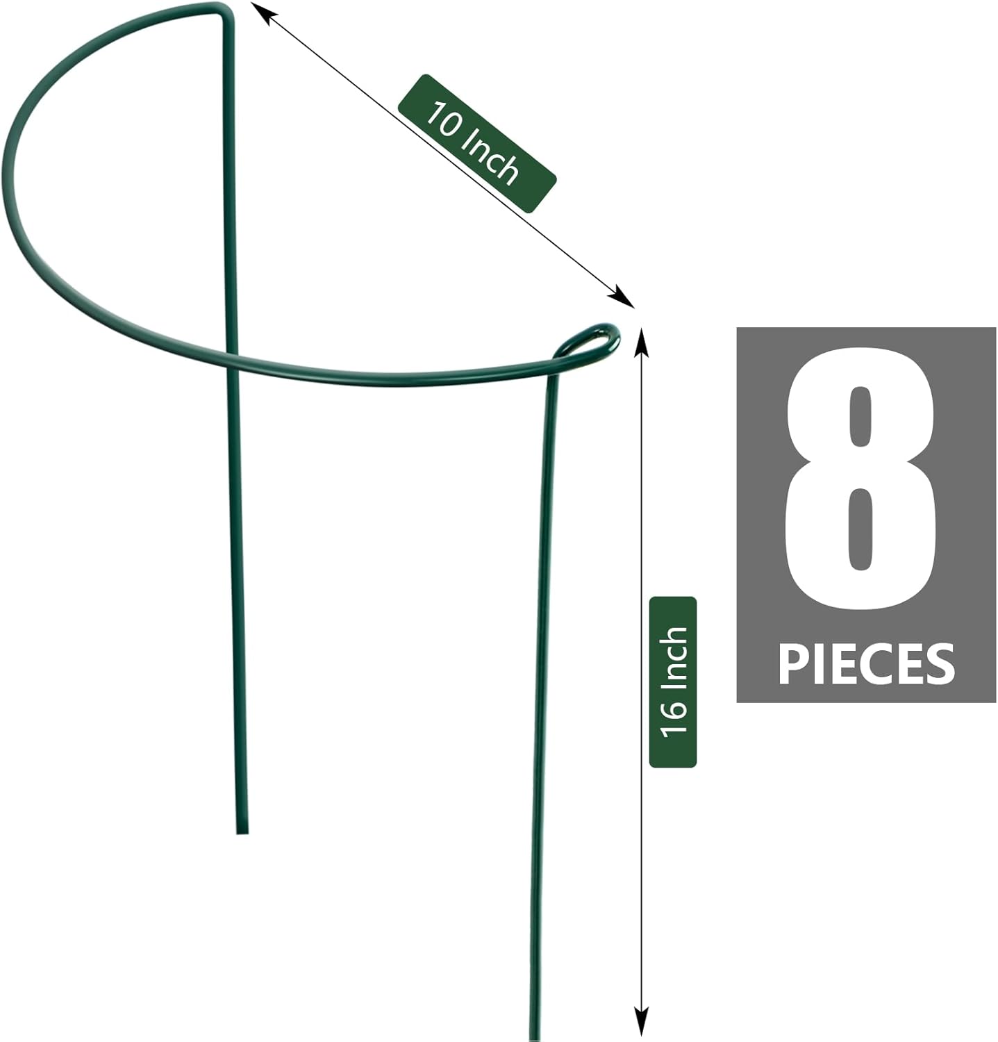 FEED GARDEN 8 Pack Plant Support Stakes, Peony Cages and Supports, Metal Garden Plant Stake(10" Wide x 16" High) Green Half Round Plant Support Rings for Outdoor Indoor Plants, Tomato, Hydrangea