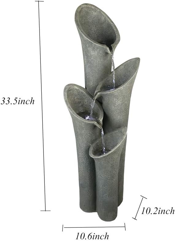 Faux Stone Patio Water Fountain 33 1/2", Bell 4-Tier Cascading Floor Fountain Indoor Outdoor Waterfall Feature with LED Lights for Home Garden Decor