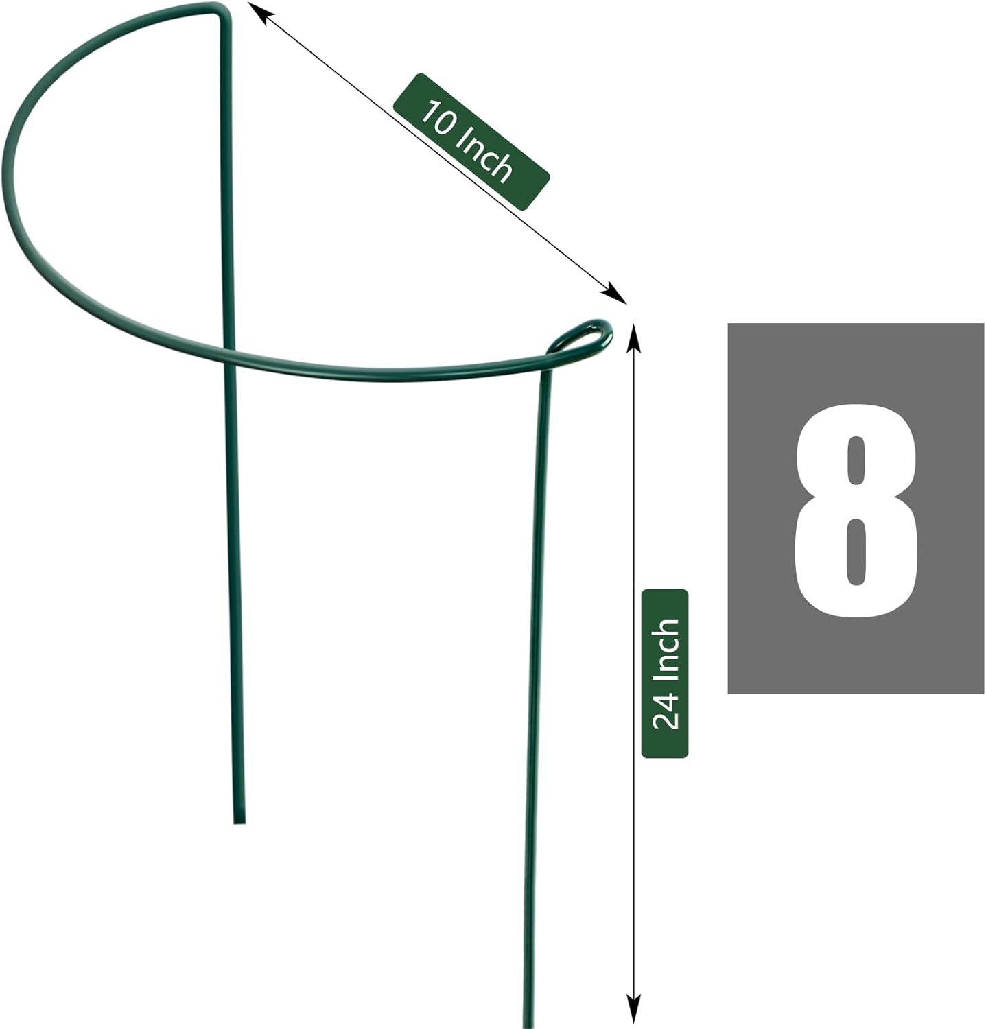 FEED GARDEN 8 Pack Plant Support Stakes, Peony Cages and Supports, Metal Garden Plant Stake(10" Wide x 24" High) Green Half Round Plant Support Rings for Outdoor Indoor Plants, Tomato, Hydrangea