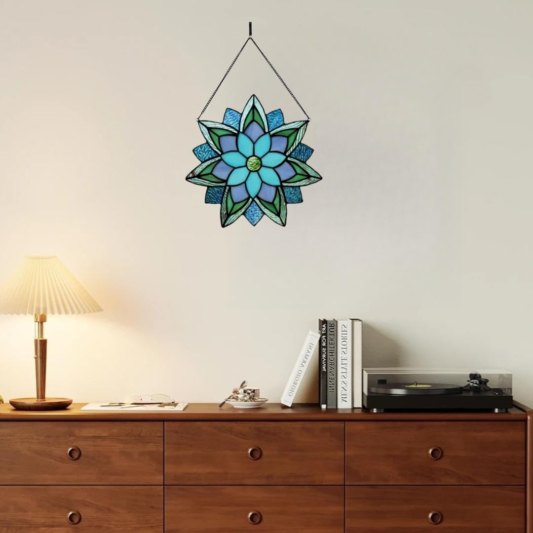 12 Inch Round Stained Glass Window Panel,Handmade Flower Stained Glass Window Hangings, Suncatcher Ornament for Home Décor