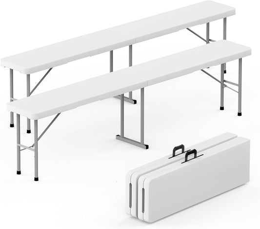 HLPB Folding Bench 6 ft, Foldable Plastic Bench with Handle and Smooth HDPE Tabletop, Protable in/Outdoor Picnic Party Camping Dining Seat, 2 Pack, White