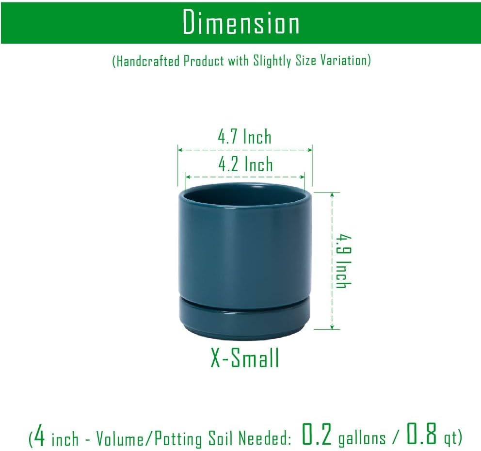D'vine Dev Set of 2 Plants Pots, 4.7 Inch Ceramic Planter Pot for Plants with Drainage Hole and Saucer, Teal, 94-V-B-9